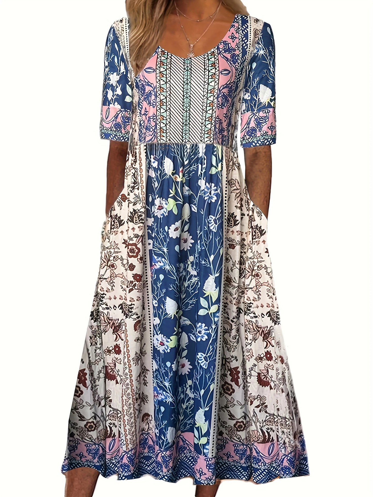 2023 Sommer Neue Frauen Böhmen Lose Mode Druck Rundhals Kurzarm Lange Kleid