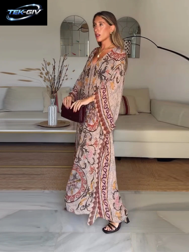 Damen Vintage-Kleid Mit Blumendruck, V-Ausschnitt, Kordelzug, Lange Ärmel, Tailliert, Lockeres Maxikleid, Sommer-Herbst, Schickes, Lässiges Kleid