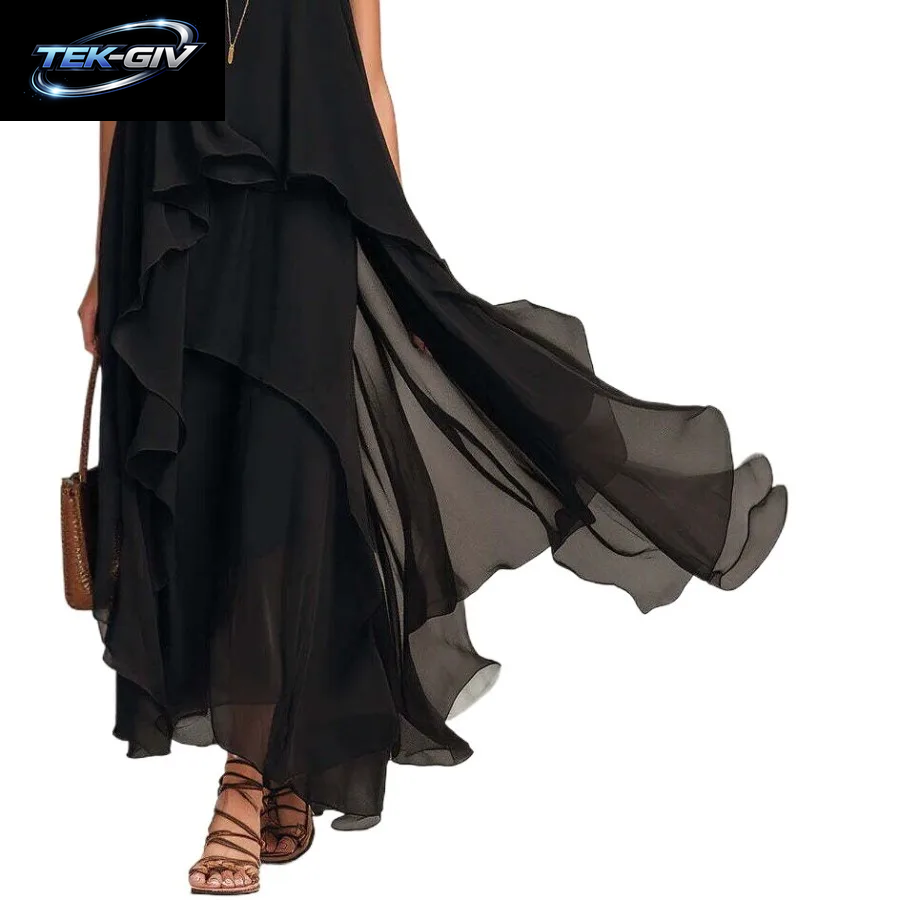 Elegantes Einfarbiges Damenkleid Sommerliches Lässiges O-Ausschnitt Ärmelloses Asymmetrisches Rüschen-Maxikleid Aus Chiffon Für Urlaub Und Partys