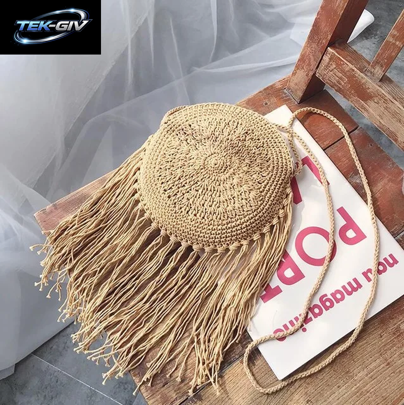 Yogodlns Mode Runde Hand-Gewebt Frau Schulter Tasche Sommer Reise Einkaufen Stroh Strand Taschen Quasten Weibliche Kleine Umhängetasche