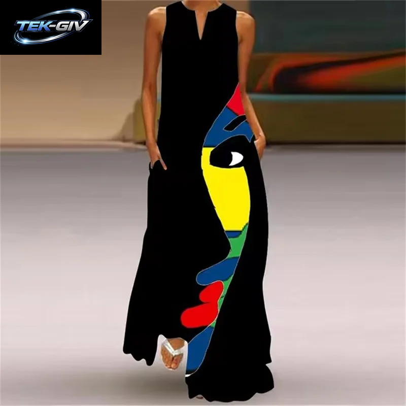 Sommer Outdoor Street Fashion Frauen Langes Kleid Neue Abstrakte Kunstdruck Kleid Ärmellose Weste V-Ausschnitt Mode Frauen Party Kleid