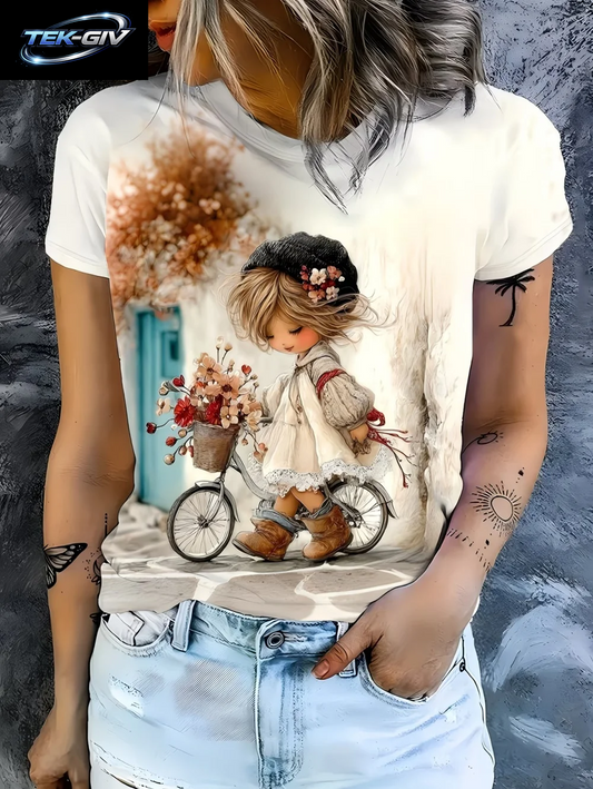 2026 Frühling Sommer Süßes Mädchen-Motiv T-Shirt Locker Sitzend Damen Lässig Lustige Grafik Streetwear Bequeme Kurzarm Damenbekleidung