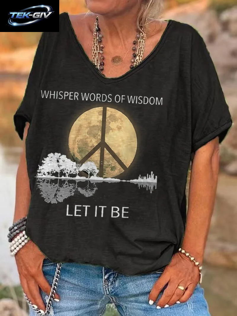Damen-T-Shirts Mit Hippie-Let-It-Bet-Print, Damen-T-Shirt Mit V-Ausschnitt, Kurzärmelig, Lässige, Lockere Oberteile