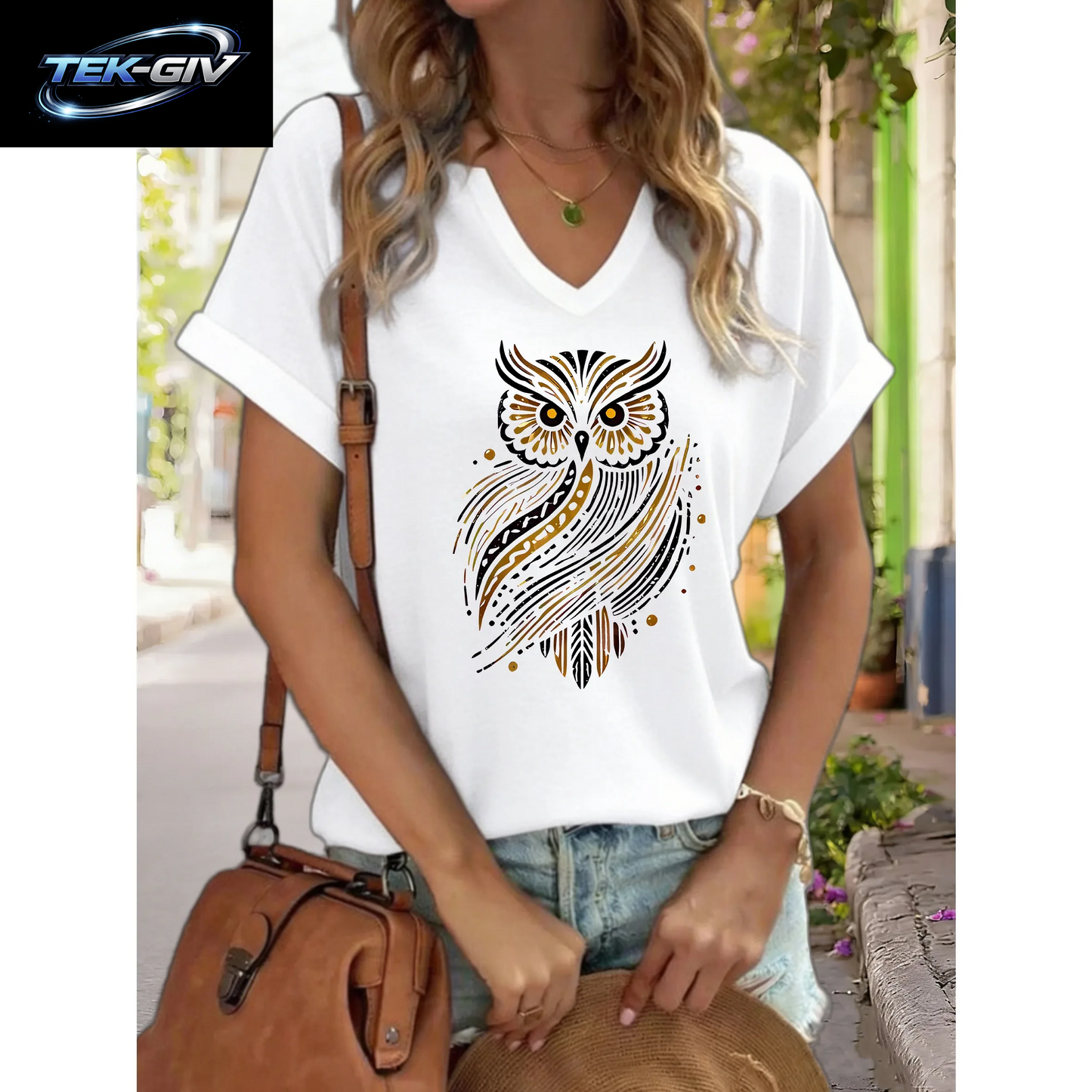 Damen-T-Shirt Mit V-Ausschnitt Und „Golden Tribal Owl“-Grafik, Boho-Tiermuster, Lässiges, Kurzärmliges Bohemian-Oberteil, Weiche Baumwolle Für Den Alltag