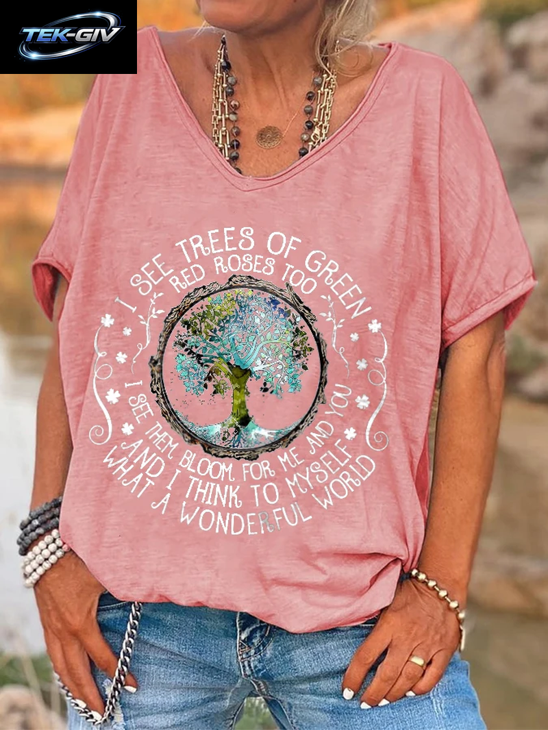 Ilstile Damen-T-Shirt Mit V-Ausschnitt, Hippie-Print „What a Wonderful World“, Sommer-Kurzarm-T-Shirt Für Damen, Oberteile, Lässige T-Shirts