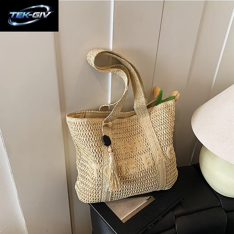 Gewebte Strohtasche Im Französischen Stil Mit Großem Fassungsvermögen Für Damen, Neue Strandurlaub-Umhängetasche, Lässige Einkaufstasche Für Pendler