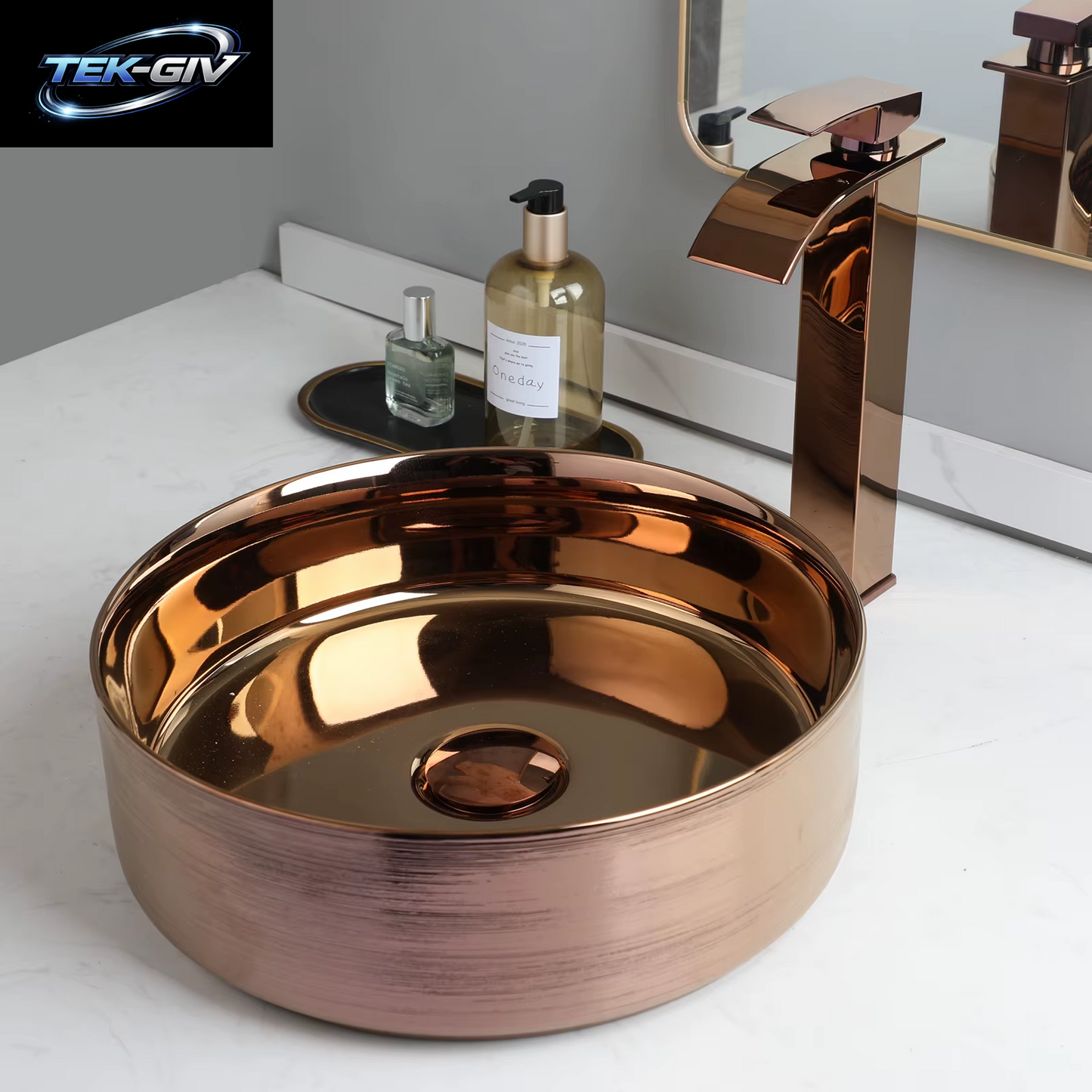 KEMAIDI Badezimmer-Waschbecken-Wasserhahn-Kombination, 35,6 Cm, Schüsselwaschbecken, Roségold, Waschbecken, Rundes Keramikwaschbecken Für Badezimmer, Theke