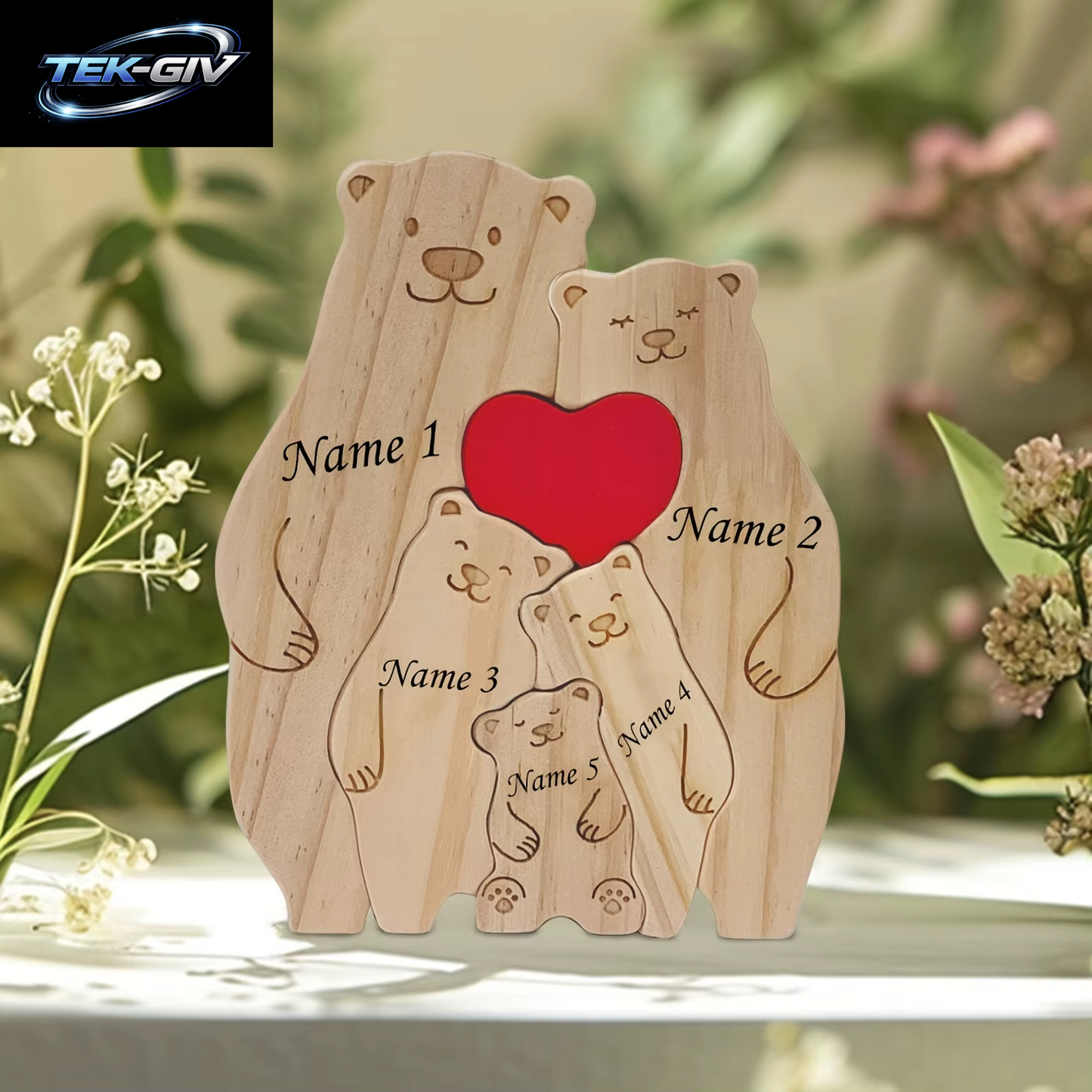 Personalisiertes Familienbären-Puzzle-Dekor, Individuelle Namen, Passend Für 2–6 Namen, Rustikale Holzbären, Saisonale Dekoration Für Mutter Und Vatertag