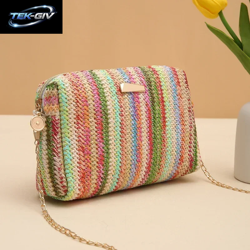 Rattan Stricken Frauen Stroh Tasche Strand Sommer Kette Kleine Geldbörse Und Handtasche Weibliche Schulter Umhängetaschen Reise Design Flap Bag