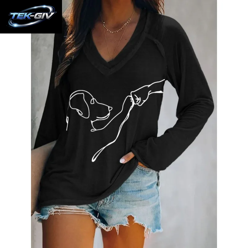 Ilstile Damen-T-Shirts Mit Hundemotiv, Sommer, Lässig, Locker, Langärmelig, V-Ausschnitt, Weiß, Schwarz, Blau, Grün, T-Shirt, Heißer Verkauf