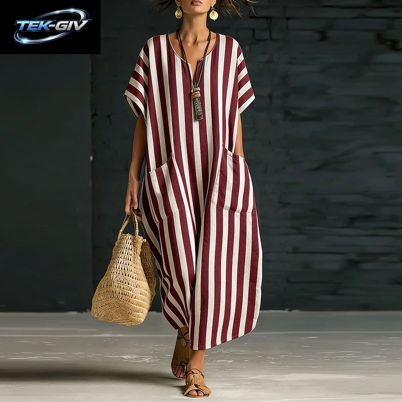 Sommer Strandkleid Für Damen, Lässiges V-Ausschnitt-Kleid Mit Streifenmuster, Lockeres Maxikleid Mit Taschen, Boho-Partykleid