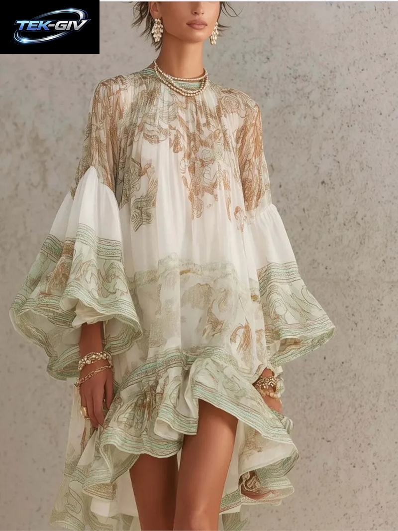 Modisches Bedrucktes Chiffon-Trompetenkleid Mit Langen Ärmeln Für Damen, Frühling Sommer Neues Elegantes Strandkleid Für Urlaub, Locker Geschnittenes Kleid 2026