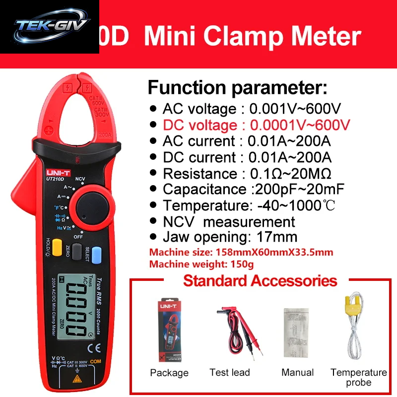 UNI-T UT210E UT210D Digitales Zangenamperemeter AC/DC Amperemeter Zangenmessgerät NCV True RMS Zangenmultimeter Hvac-Werkzeuge Elektriker-Multitester