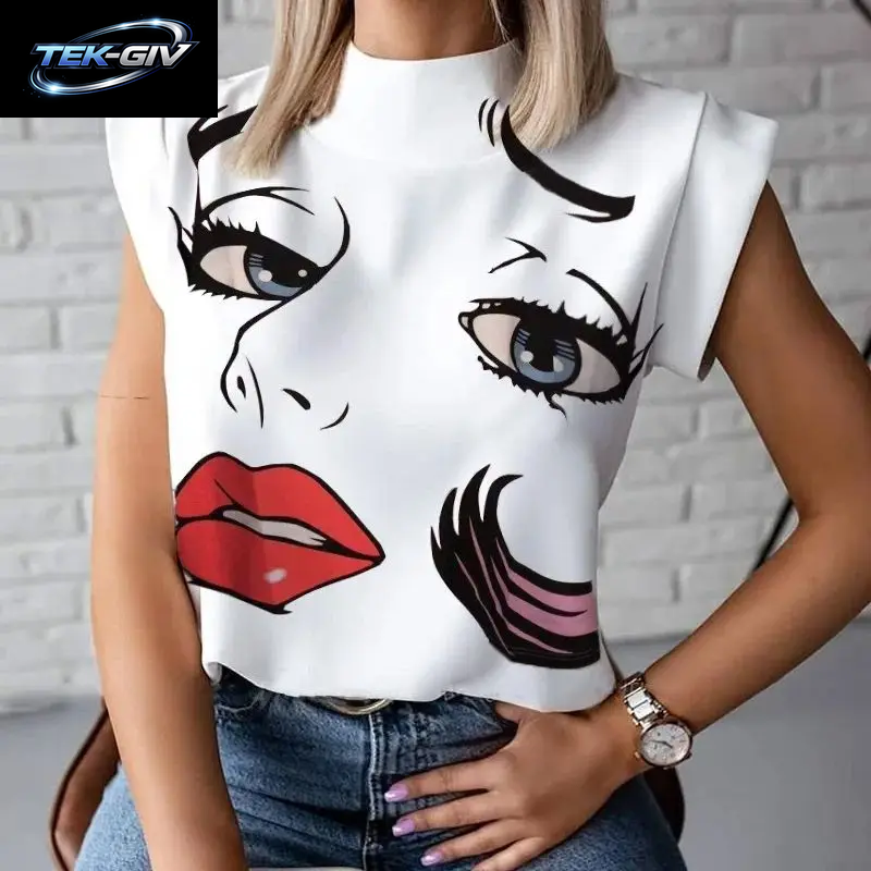 Damen-Bluse Mit Abstraktem Gesichtsdruck, Ärmellos, Stehkragen Und Knopfleiste Für Sommermode