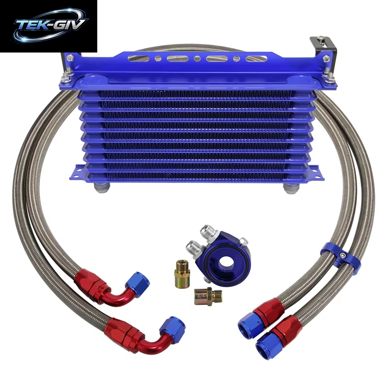AN10 10-Reihiger 262 Mm Universeller Motor-Getriebeölkühler Mit Halterung + Aluminium-Filterschlauchend-Kit Blau/Schwarz Für 350Z 4G63