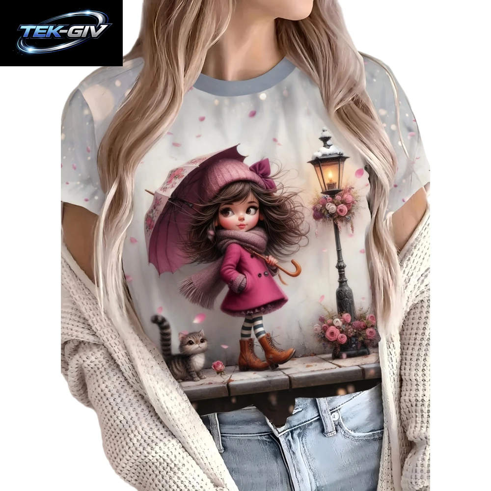 2026 Frühling Sommer Süßes Mädchen-Motiv T-Shirt Locker Sitzend Damen Lässig Lustige Grafik Streetwear Bequeme Kurzarm Damenbekleidung