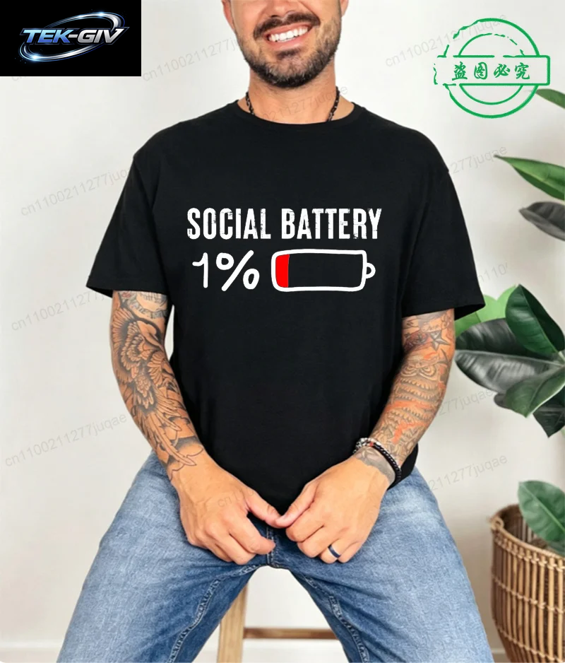 T-Shirt Für Männer, Social Battery 1 Percent, Lustiges Introvert-T-Shirt, Herren-Tops, Freizeitkleidung, Übergröße, Vintage-Kleidung, Trend-T-Shirt