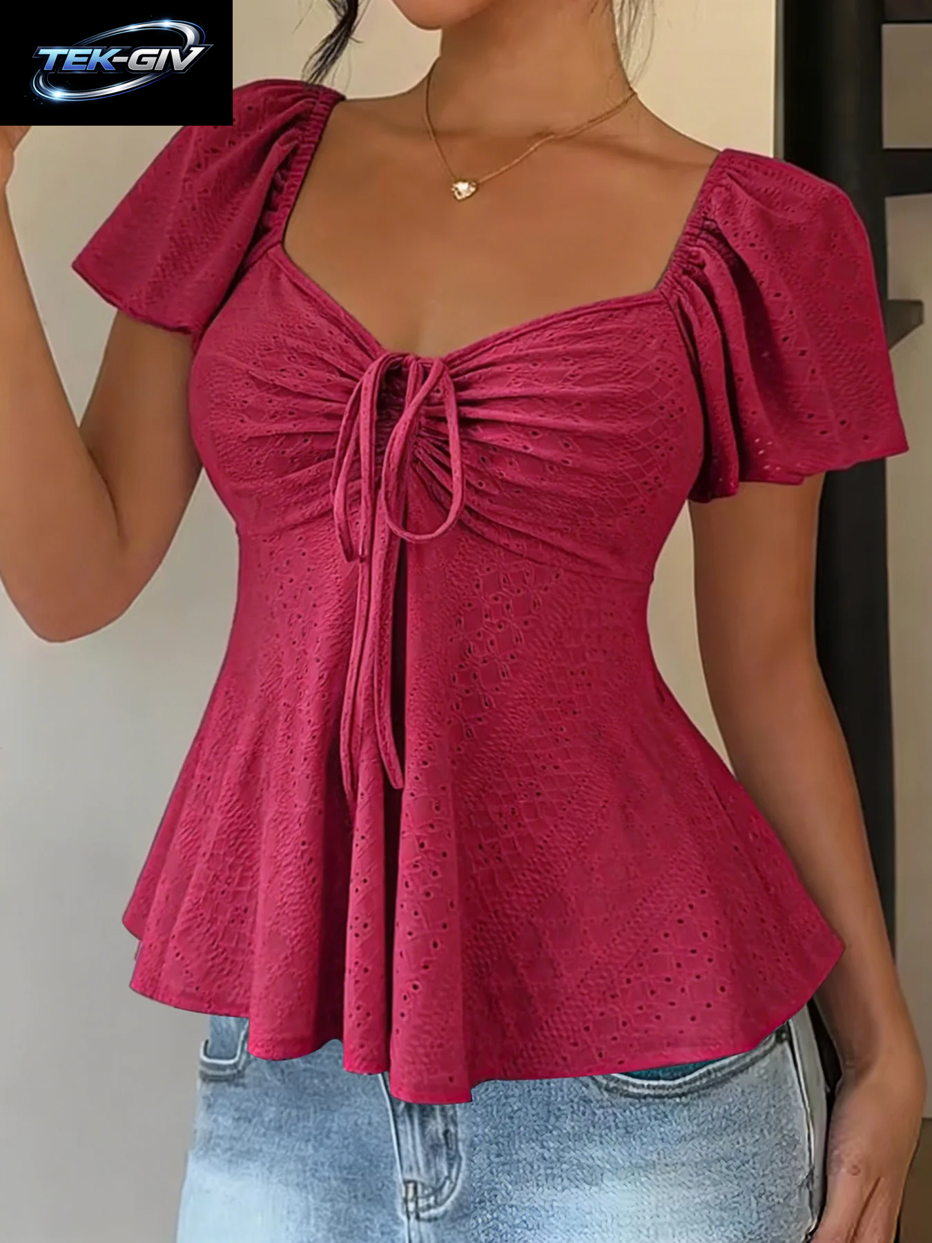 2026 Frauen Y2K Sommer Tops V-Ausschnitt Kordelzug Sexy Spitze up Kurzarm Einfarbig Shirts Weibliche Elegante Casual Mode Blusen