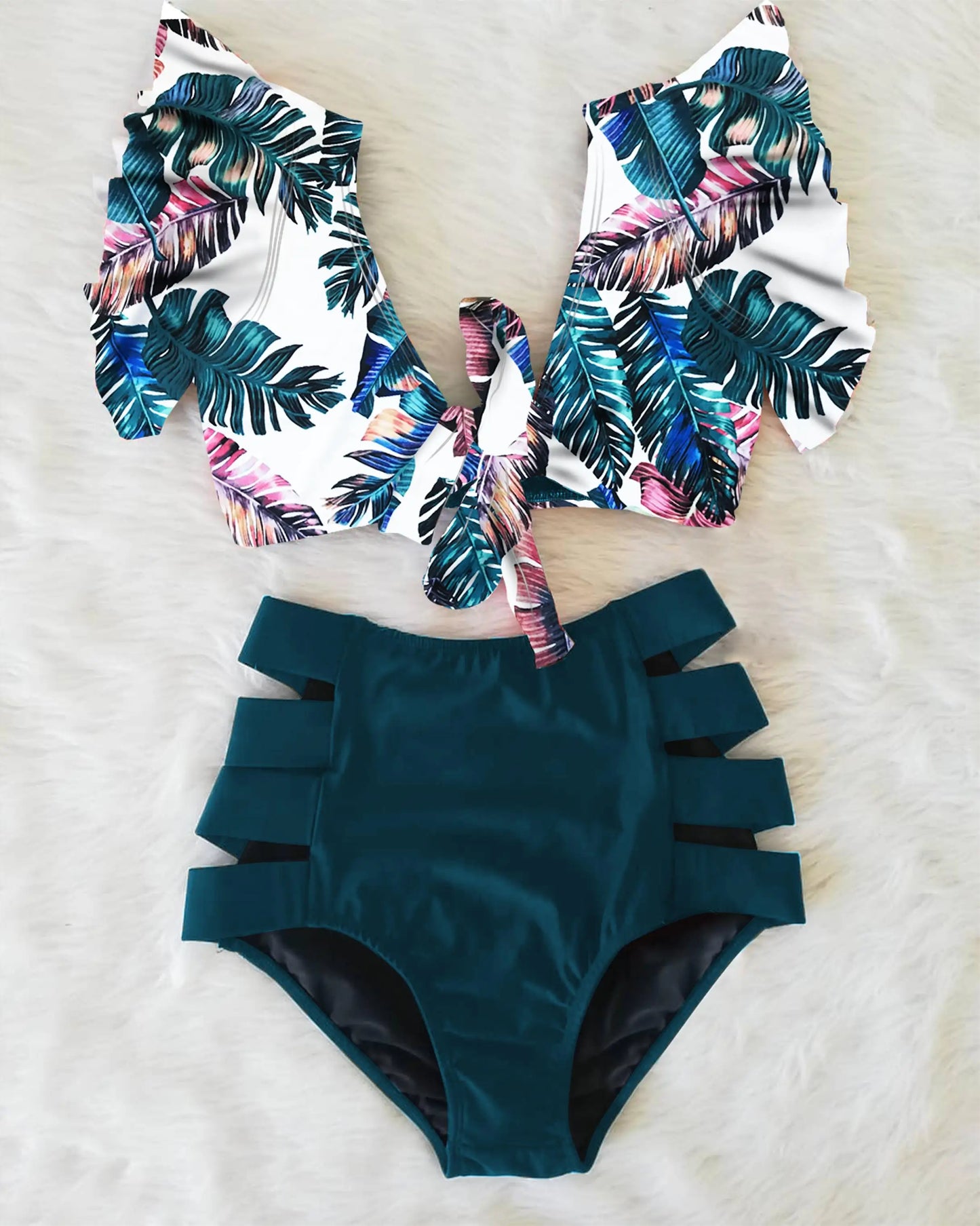 2026 High-Waist Bandage Bikini-Set Für Damen Mit Blumenmuster, Rüschen, Push-Up Und Riemchen – Brasilianischer Biquini Badeanzug