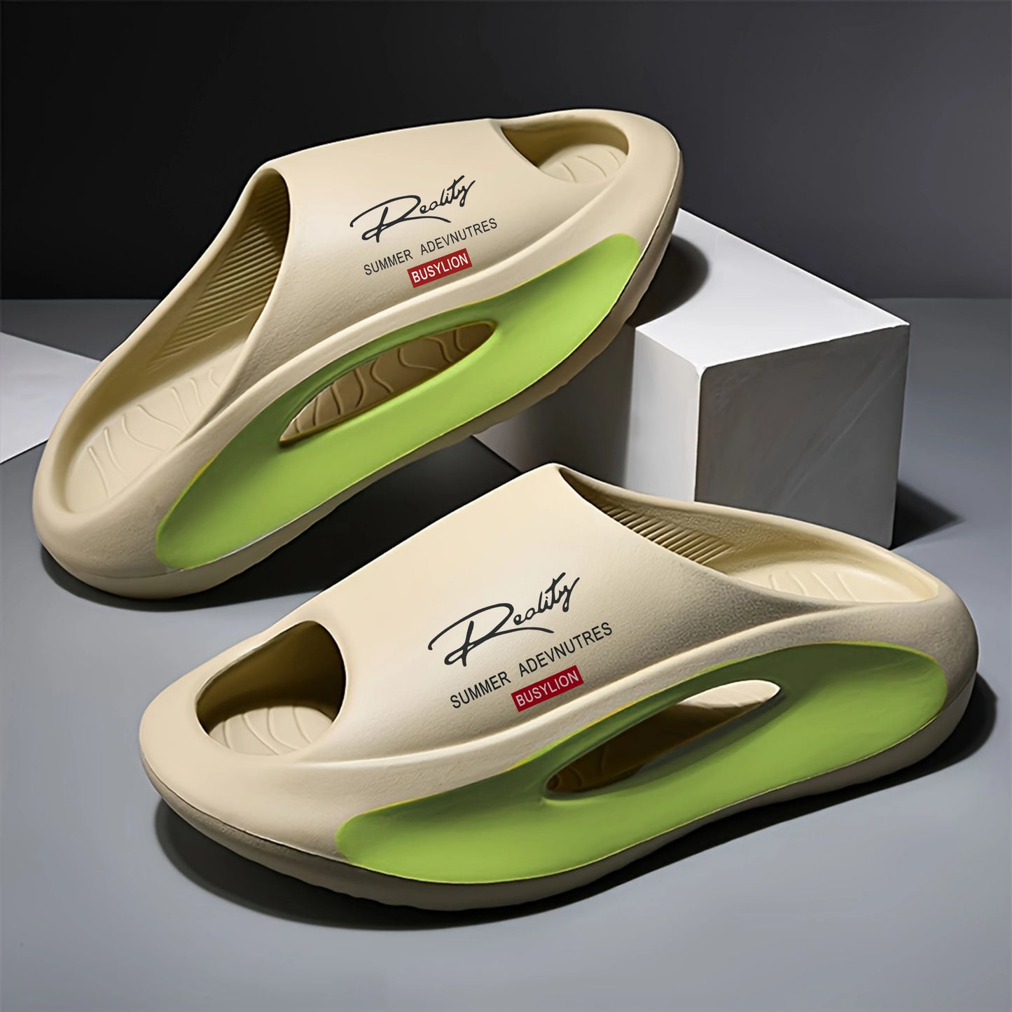 BUSYLION Damen-Sandalen Mit Dicker Sohle, Slip-On-Hausschuhe Mit Buchstabenmuster, Farblich Abgesetzte Hausschuhe Mit Offener Zehenpartie, Rutschfeste, Erhöhte Flats