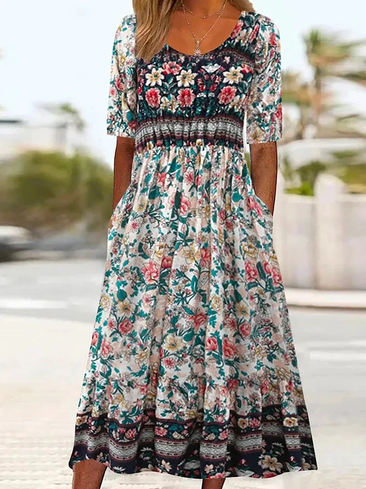 2023 Sommer Neue Frauen Böhmen Lose Mode Druck Rundhals Kurzarm Lange Kleid