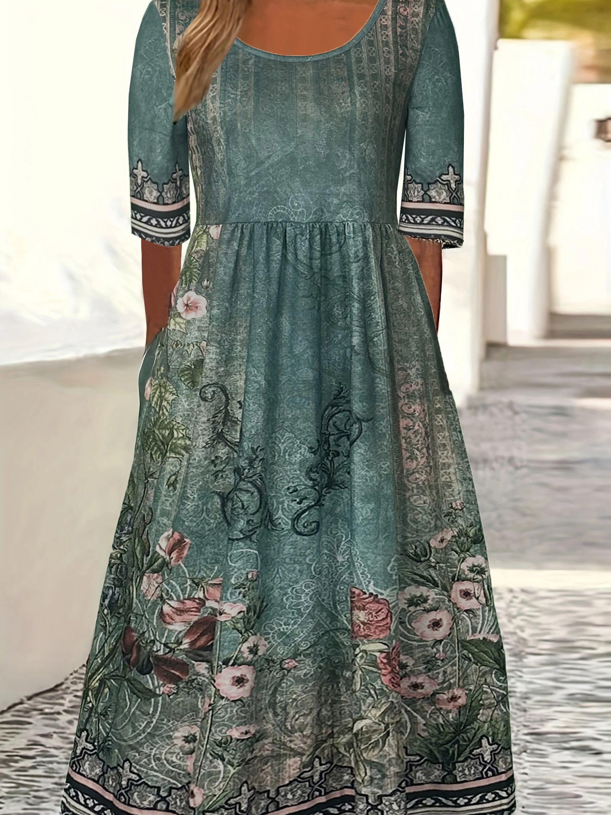 2023 Sommer Neue Frauen Böhmen Lose Mode Druck Rundhals Kurzarm Lange Kleid