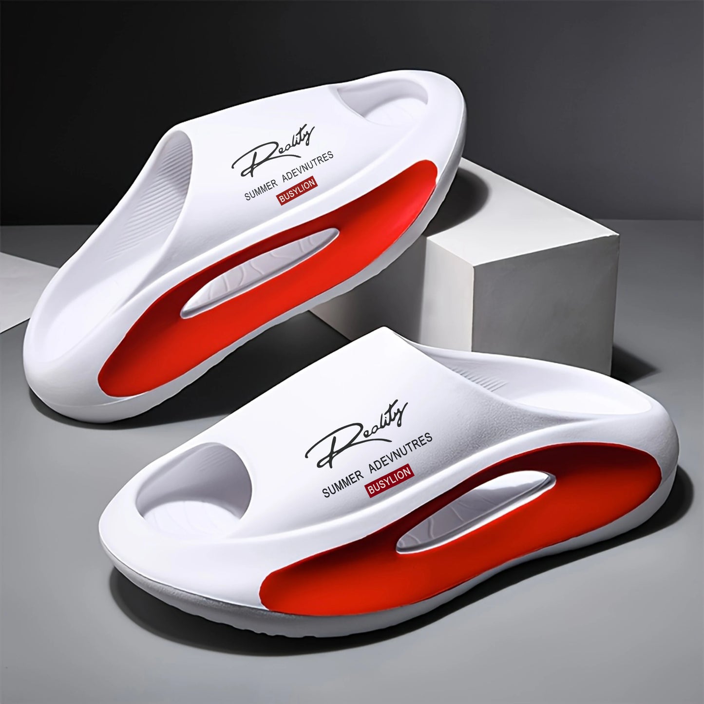 BUSYLION Damen-Sandalen Mit Dicker Sohle, Slip-On-Hausschuhe Mit Buchstabenmuster, Farblich Abgesetzte Hausschuhe Mit Offener Zehenpartie, Rutschfeste, Erhöhte Flats