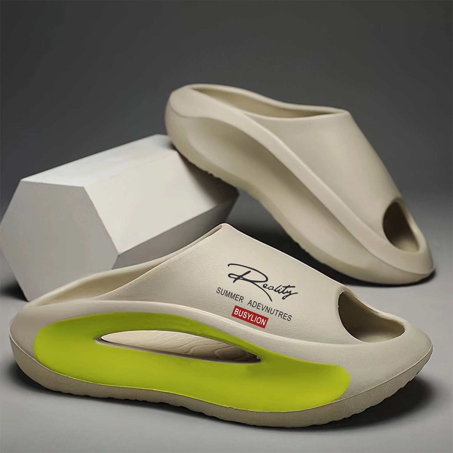 BUSYLION Damen-Sandalen Mit Dicker Sohle, Slip-On-Hausschuhe Mit Buchstabenmuster, Farblich Abgesetzte Hausschuhe Mit Offener Zehenpartie, Rutschfeste, Erhöhte Flats
