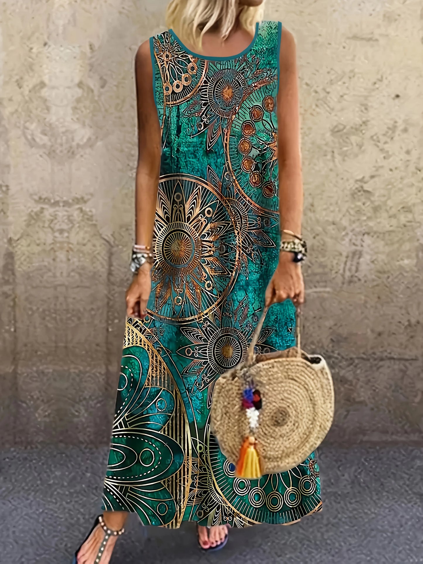 Boho-Urlaubskleid Mit Sonnenblumen-Ethno-Print, Rundhals, Locker Geschnittenes Langes Urlaubskleid, Dopamin-Kleid, Leichtes, Reifes Maxikleid
