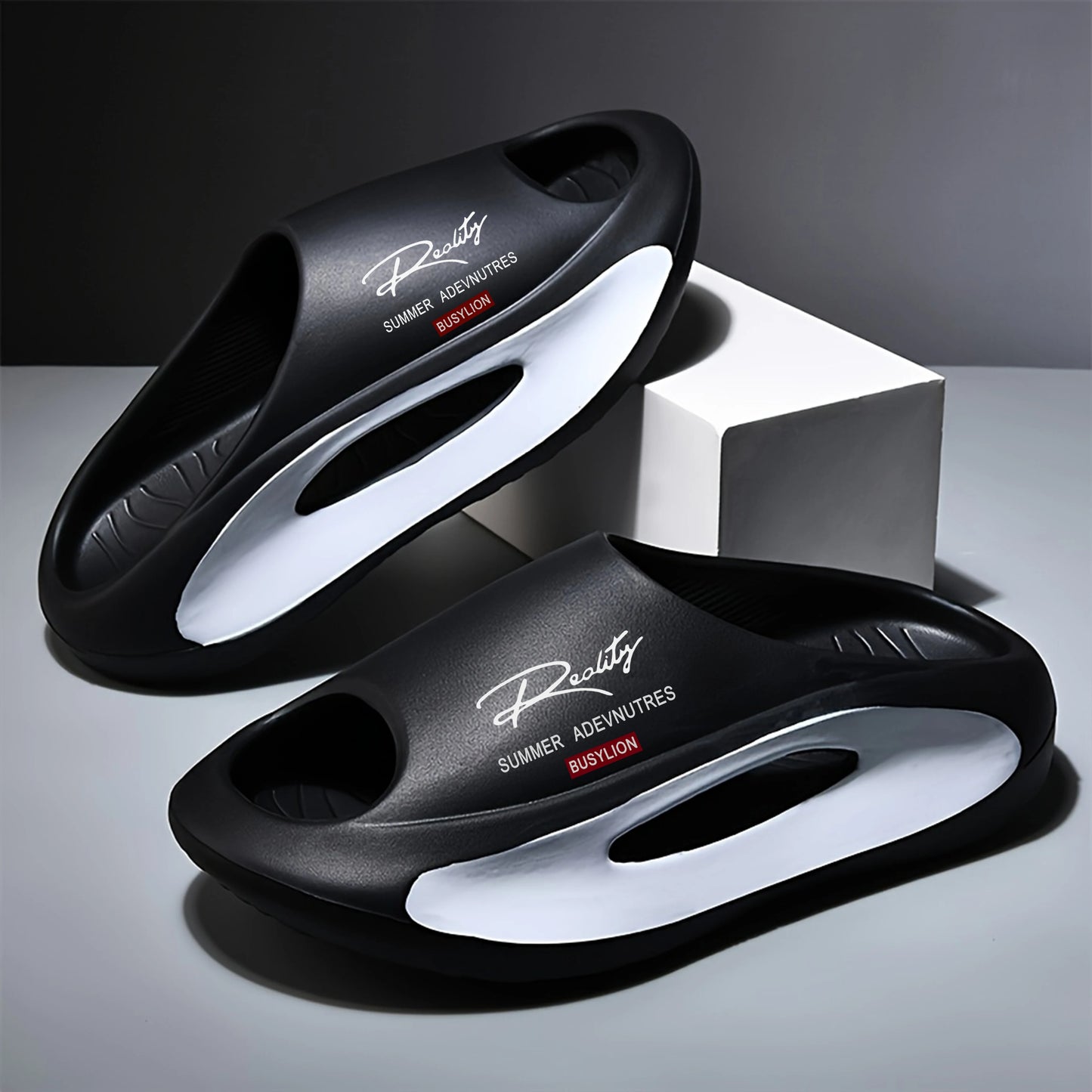 BUSYLION Damen-Sandalen Mit Dicker Sohle, Slip-On-Hausschuhe Mit Buchstabenmuster, Farblich Abgesetzte Hausschuhe Mit Offener Zehenpartie, Rutschfeste, Erhöhte Flats
