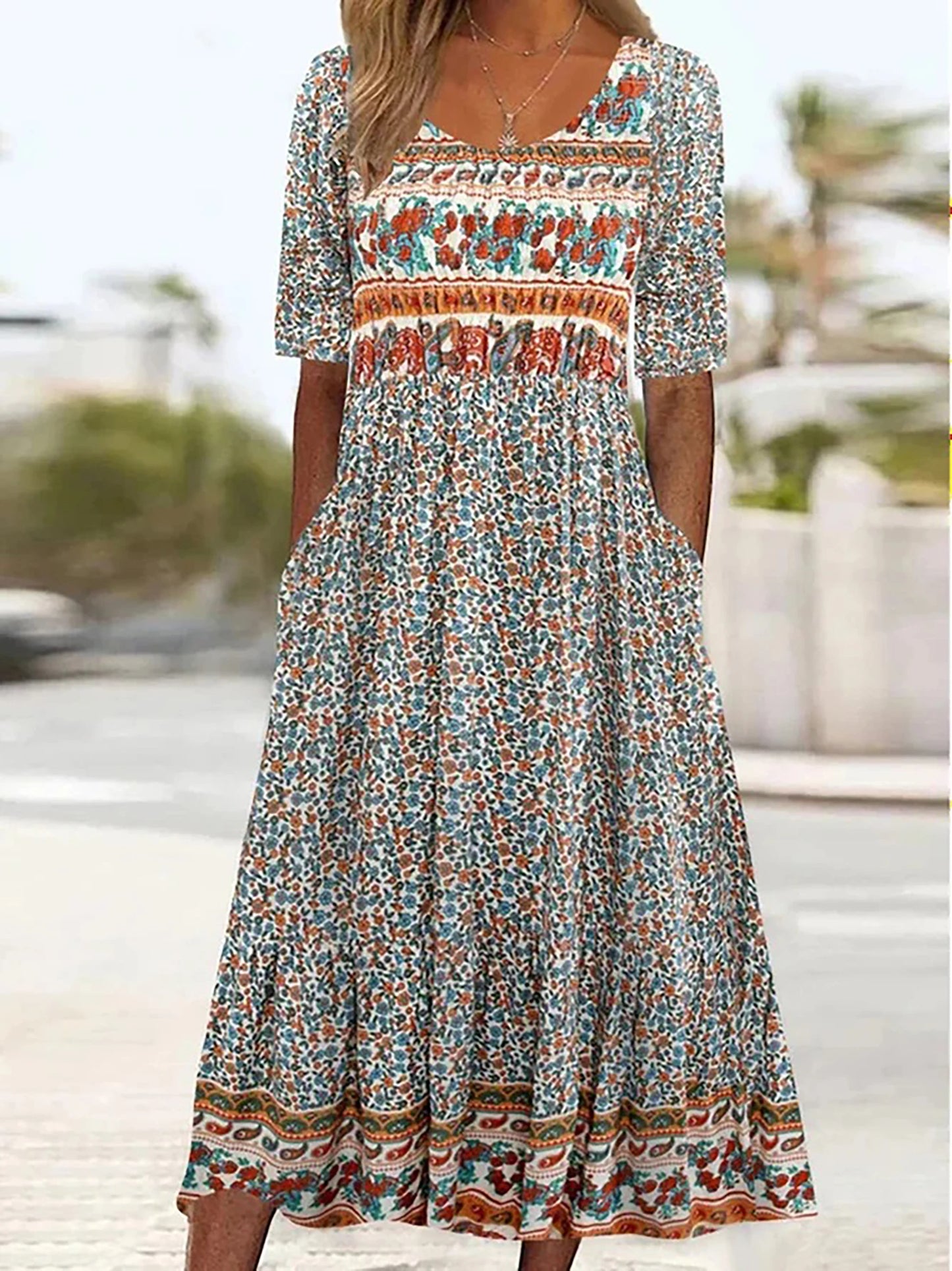 2023 Sommer Neue Frauen Böhmen Lose Mode Druck Rundhals Kurzarm Lange Kleid