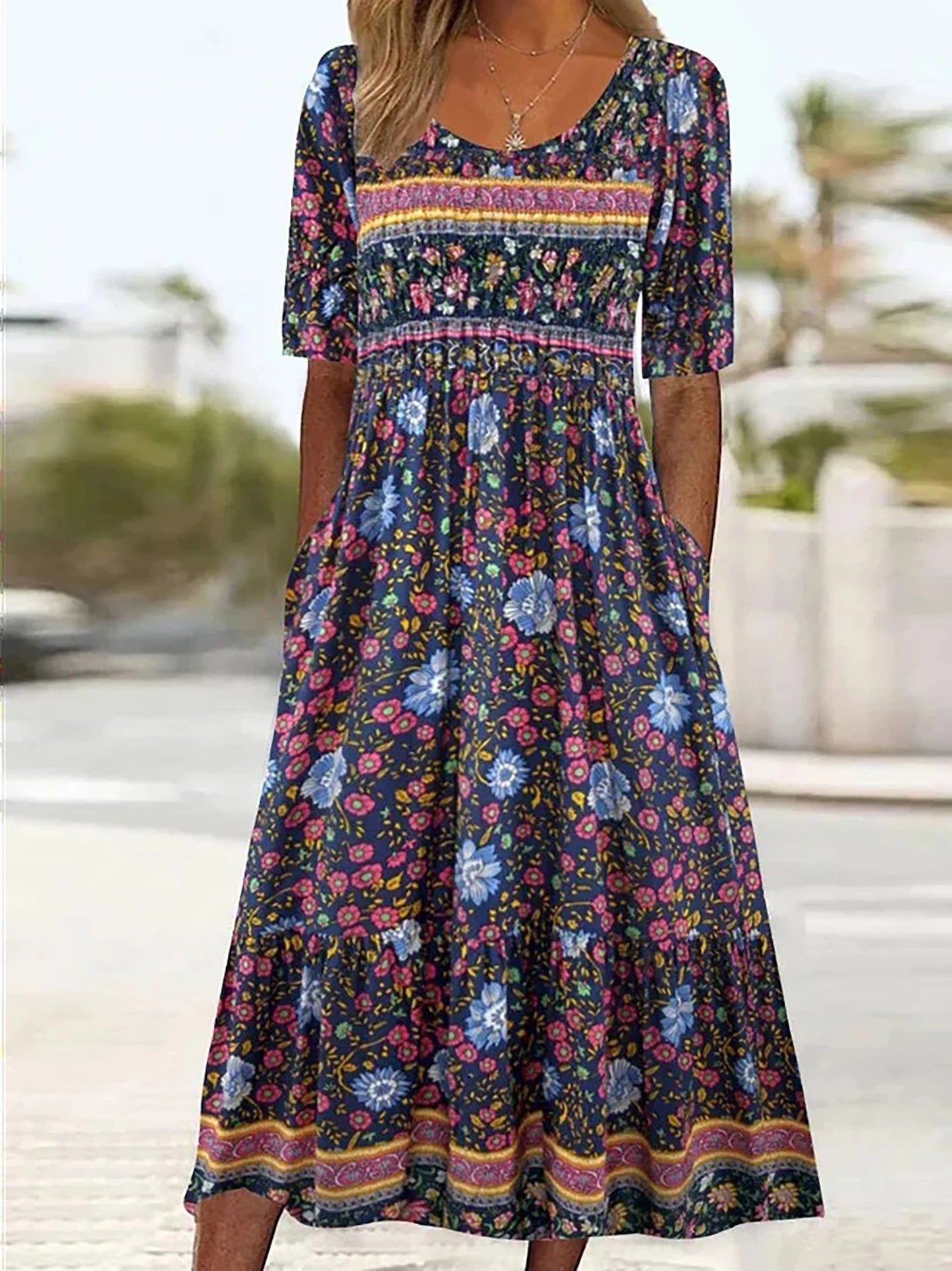 2023 Sommer Neue Frauen Böhmen Lose Mode Druck Rundhals Kurzarm Lange Kleid