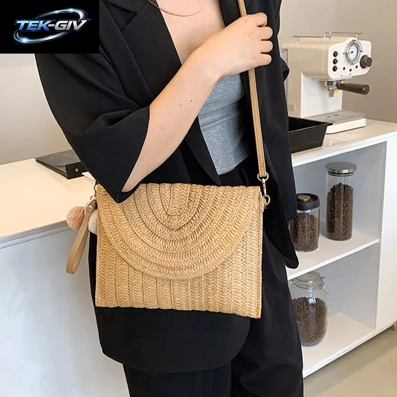 Handgemachte Stroh Strand Schulter Umhängetasche Mädchen Umschlag Gewebt Sommer Kleine Haar Ball Clutch