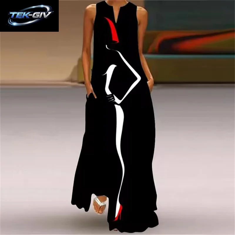 Sommer Outdoor Street Fashion Frauen Langes Kleid Neue Abstrakte Kunstdruck Kleid Ärmellose Weste V-Ausschnitt Mode Frauen Party Kleid