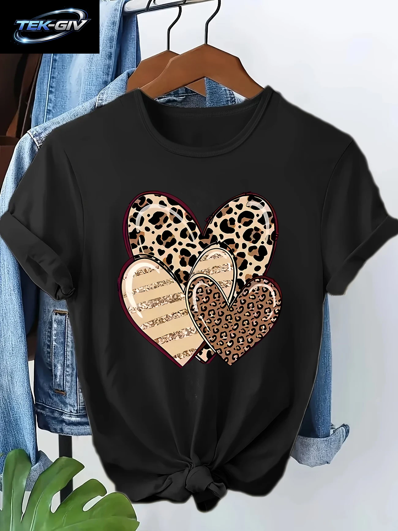 Vintage 90Er Y2K Mode T-Shirt Mit Leoparden-Herz-Print Kurzarm T-Shirt Kleidung Top Tee Sommer Damen Mädchen Shirt