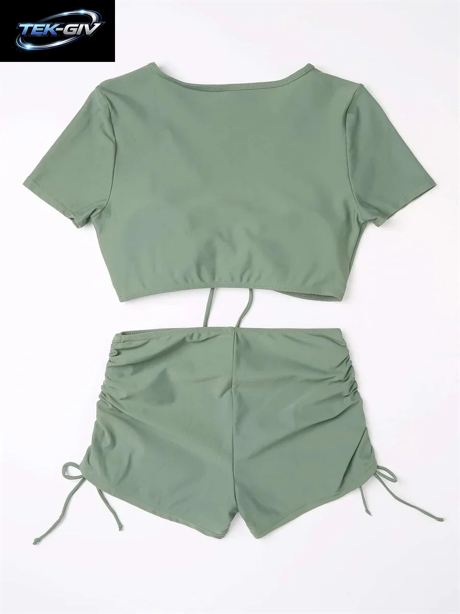 Sexy Bikini-Set Mit Kordelzug 2026 Damen Grün Schwarz Kurzarm Zweiteiliger Badeanzug Sommer Bademode Plissierter Hochgeschnittener Badeanzug