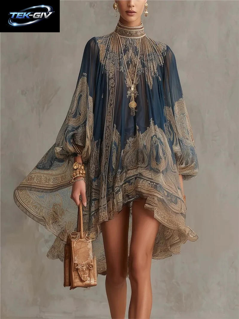 Modisches Bedrucktes Chiffon-Trompetenkleid Mit Langen Ärmeln Für Damen, Frühling Sommer Neues Elegantes Strandkleid Für Urlaub, Locker Geschnittenes Kleid 2026