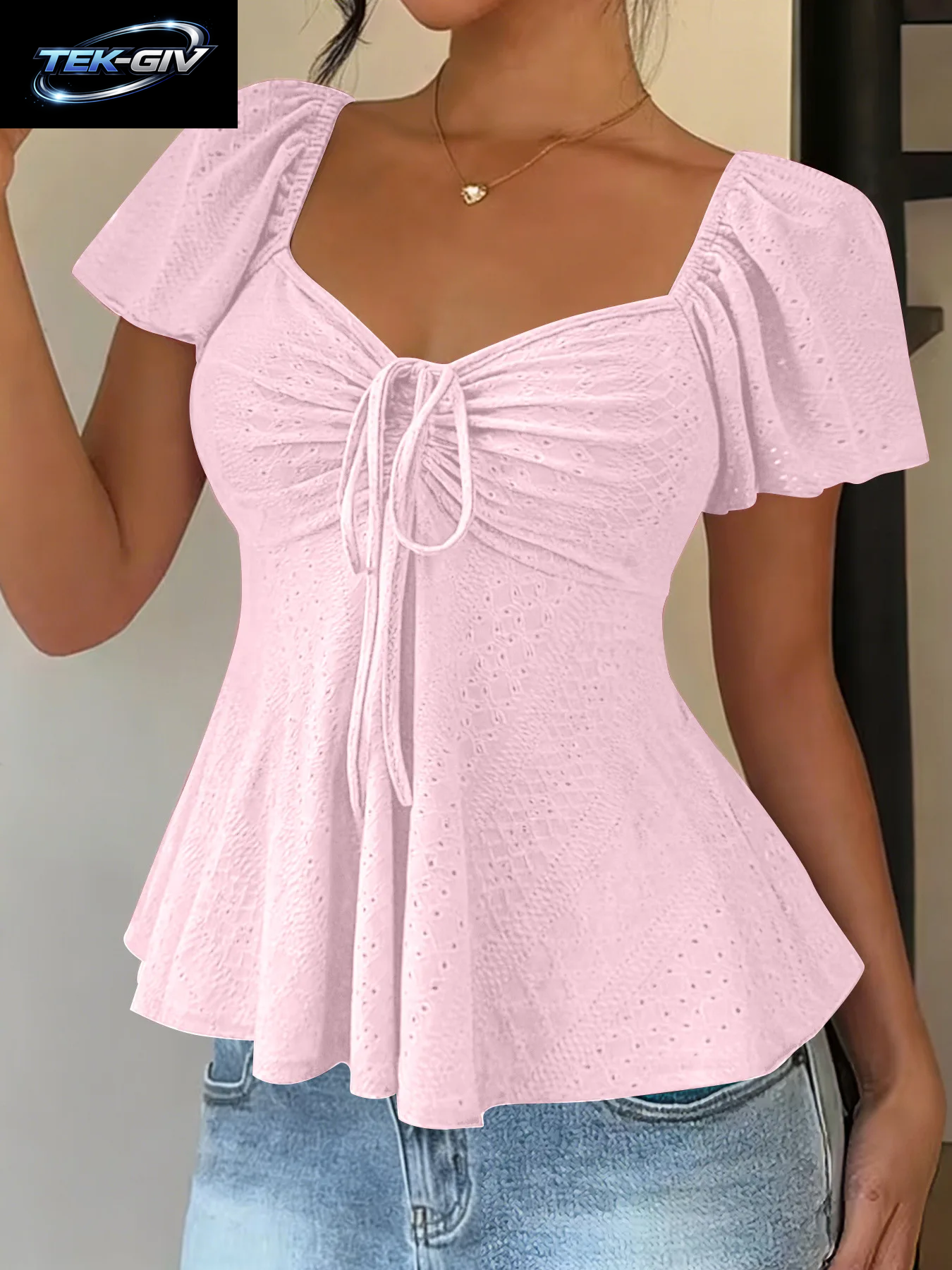 2026 Frauen Y2K Sommer Tops V-Ausschnitt Kordelzug Sexy Spitze up Kurzarm Einfarbig Shirts Weibliche Elegante Casual Mode Blusen
