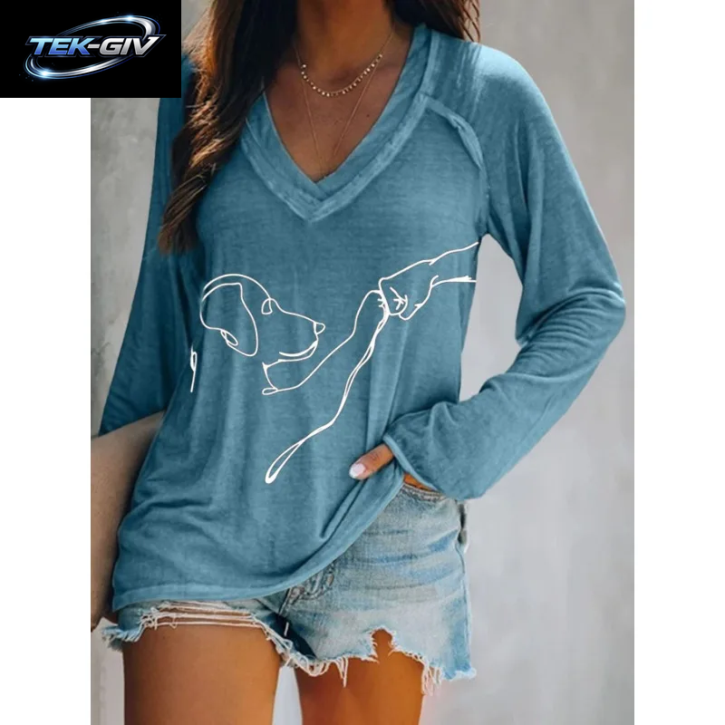 Ilstile Damen-T-Shirts Mit Hundemotiv, Sommer, Lässig, Locker, Langärmelig, V-Ausschnitt, Weiß, Schwarz, Blau, Grün, T-Shirt, Heißer Verkauf