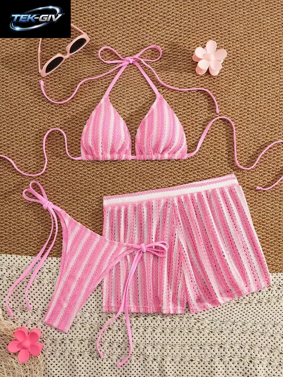 2026 Neuer Stil Boxershorts Mesh Dreiteiliges Damen-Badeanzug-Ausschnitt-Schnür-Bikini-Set
