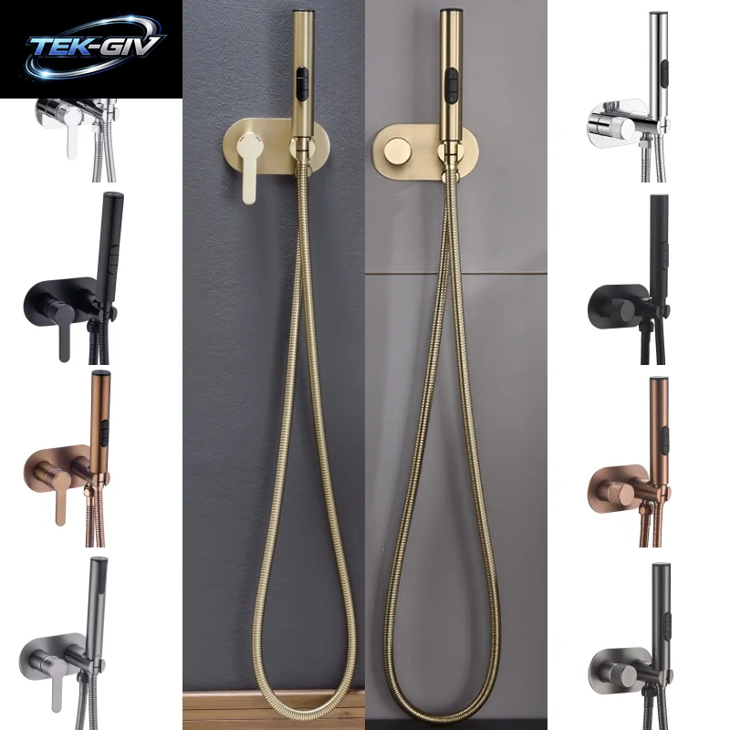 Gebürsteter Gold-Bidet-Wasserhahn, Messing-Duscharmatur, Waschtischmischer, Kalt- Und Warmwassermischer, Quadratischer Duschbrausekopf, Wc-Armaturen