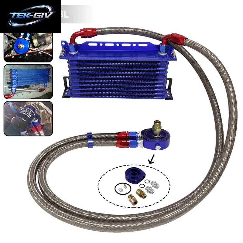 AN10 10-Reihiger 262 Mm Universeller Motor-Getriebeölkühler Mit Halterung + Aluminium-Filterschlauchend-Kit Blau/Schwarz Für 350Z 4G63