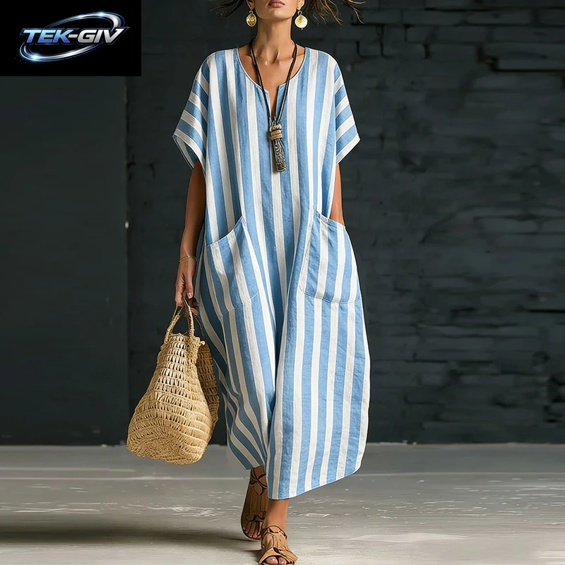 Sommer Strandkleid Für Damen, Lässiges V-Ausschnitt-Kleid Mit Streifenmuster, Lockeres Maxikleid Mit Taschen, Boho-Partykleid