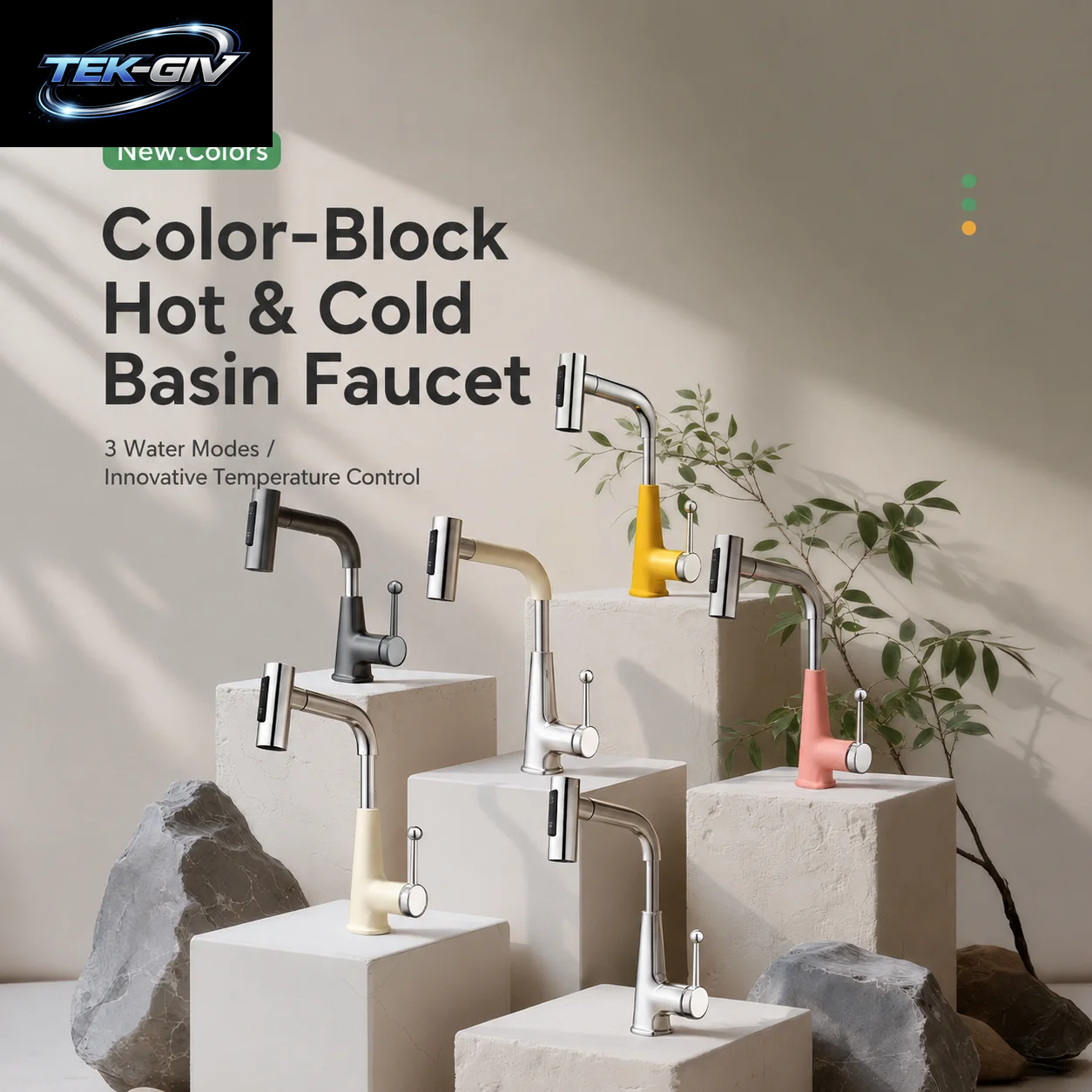 Regenfall-Auszieh-Badarmatur Mit Hochklappbarem, Schwenkbarem Waschtischmischer, Dopamin-Farbblock, Keramikkartusche, Warm- Und Kaltwasser-Spültischarmatur