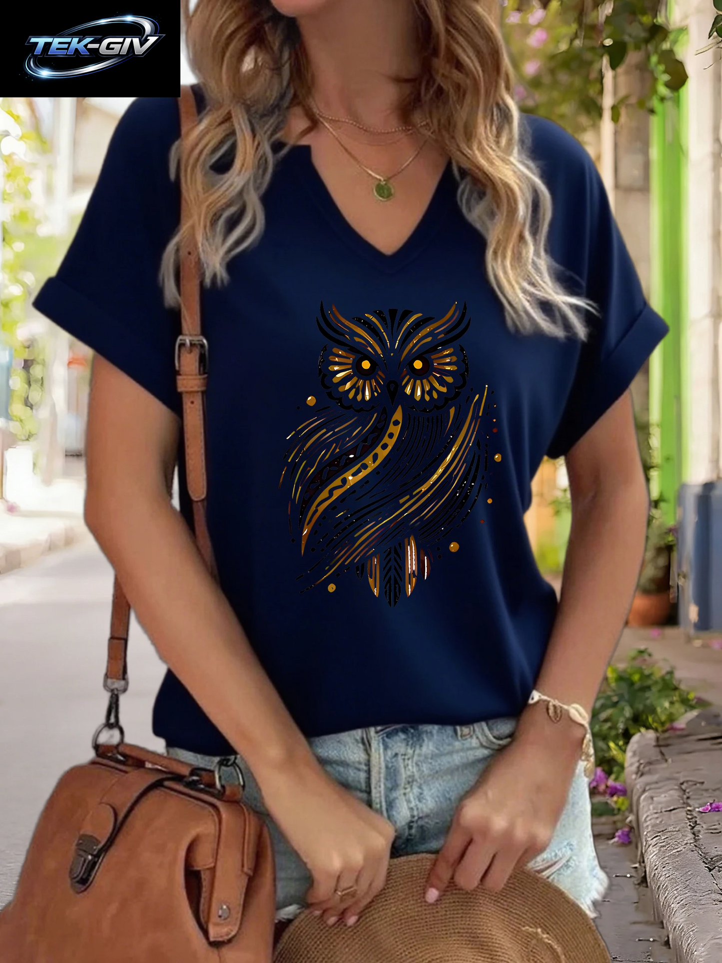 Damen-T-Shirt Mit V-Ausschnitt Und „Golden Tribal Owl“-Grafik, Boho-Tiermuster, Lässiges, Kurzärmliges Bohemian-Oberteil, Weiche Baumwolle Für Den Alltag