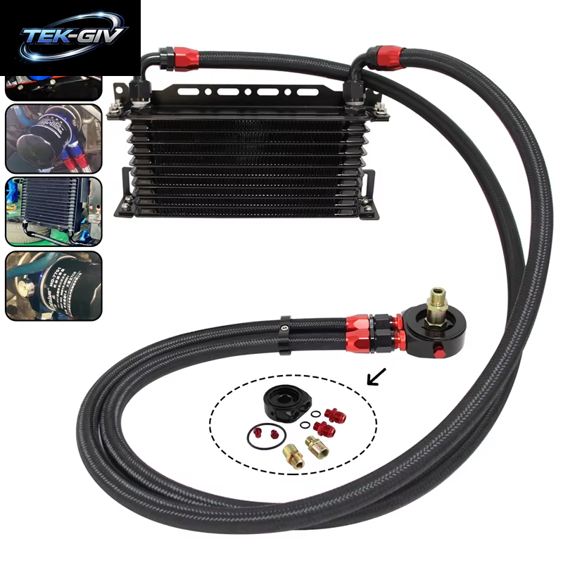 AN10 10-Reihiger 262 Mm Universeller Motor-Getriebeölkühler Mit Halterung + Aluminium-Filterschlauchend-Kit Blau/Schwarz Für 350Z 4G63