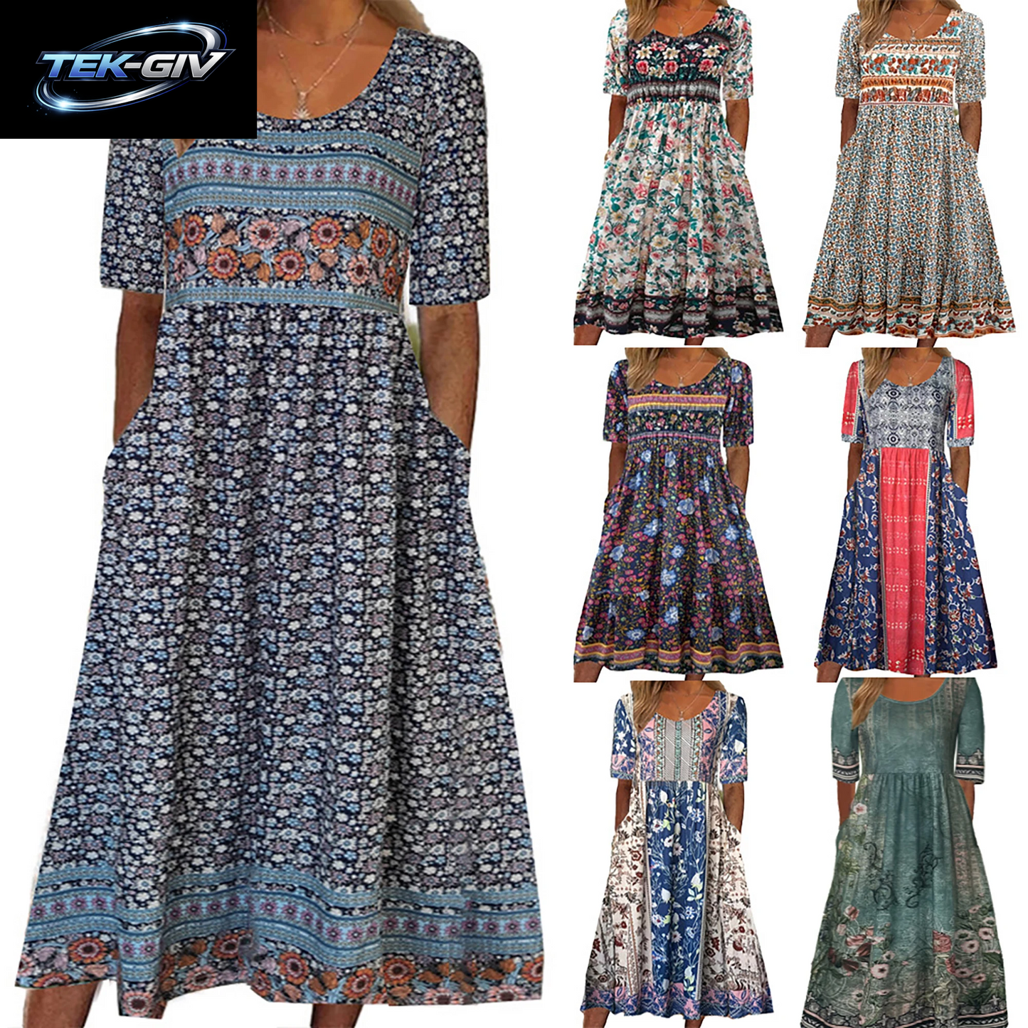 2023 Sommer Neue Frauen Böhmen Lose Mode Druck Rundhals Kurzarm Lange Kleid