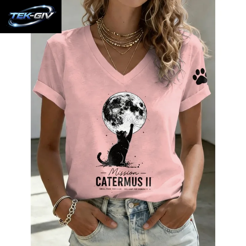 Ilstile Artemis II Damen-T-Shirts Mit Katzenmuster, Sommer-Kurzarm-Tops, Lässige T-Shirts Mit V-Ausschnitt, Schwarz-Weißes T-Shirt, Neu Eingetroffen