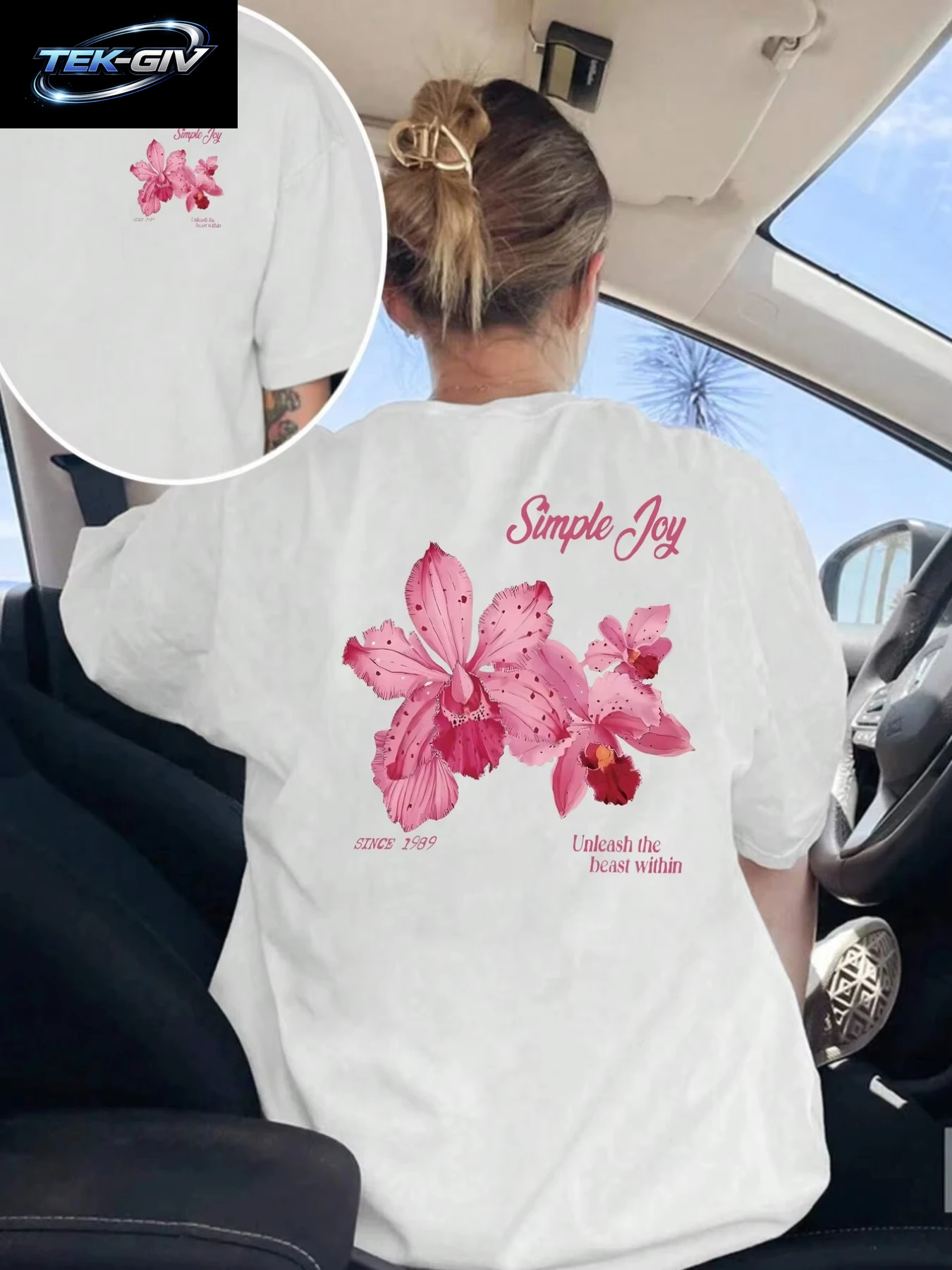 Damen-T-Shirt Mit Rosa Orchideen-Print, Ärmel, Rundhalsausschnitt, Sommer-Stil, T-Shirt, Bequeme Damenbekleidung, Top, Ästhetische Kleidung