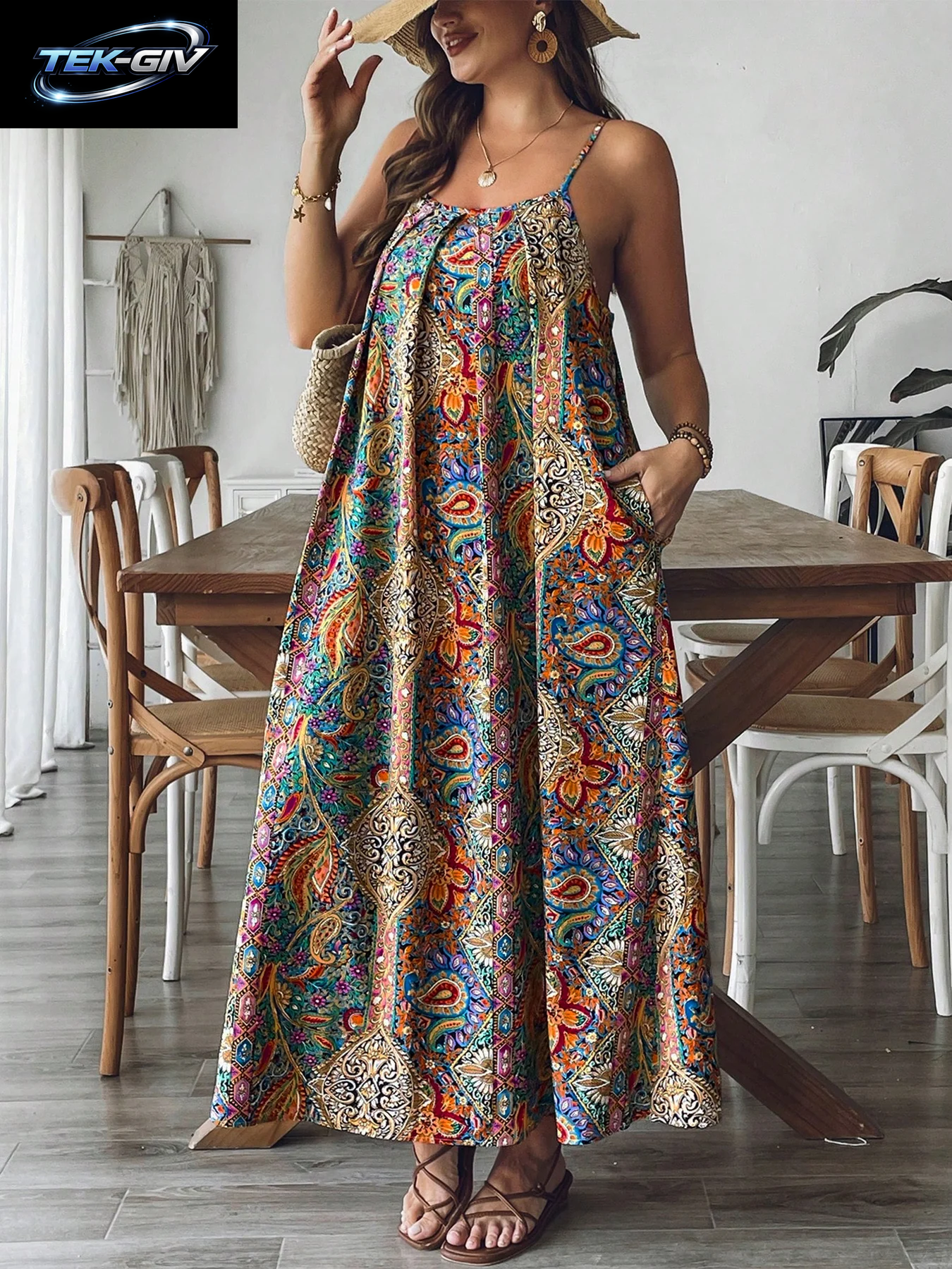 Übergröße Blumen-Paisley Maxikleid Fließendes Strand-Boho Urlaubskleid Sommerkleid
